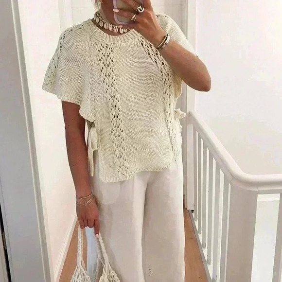 Apricot Casual Women's Fashion Side Tie Round Neck Cap Sleeve Sweater - Picture 2 of 6